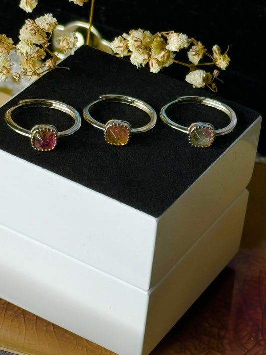 S925 Adjustable Watermelon Tourmaline Bi-Colour Ring
