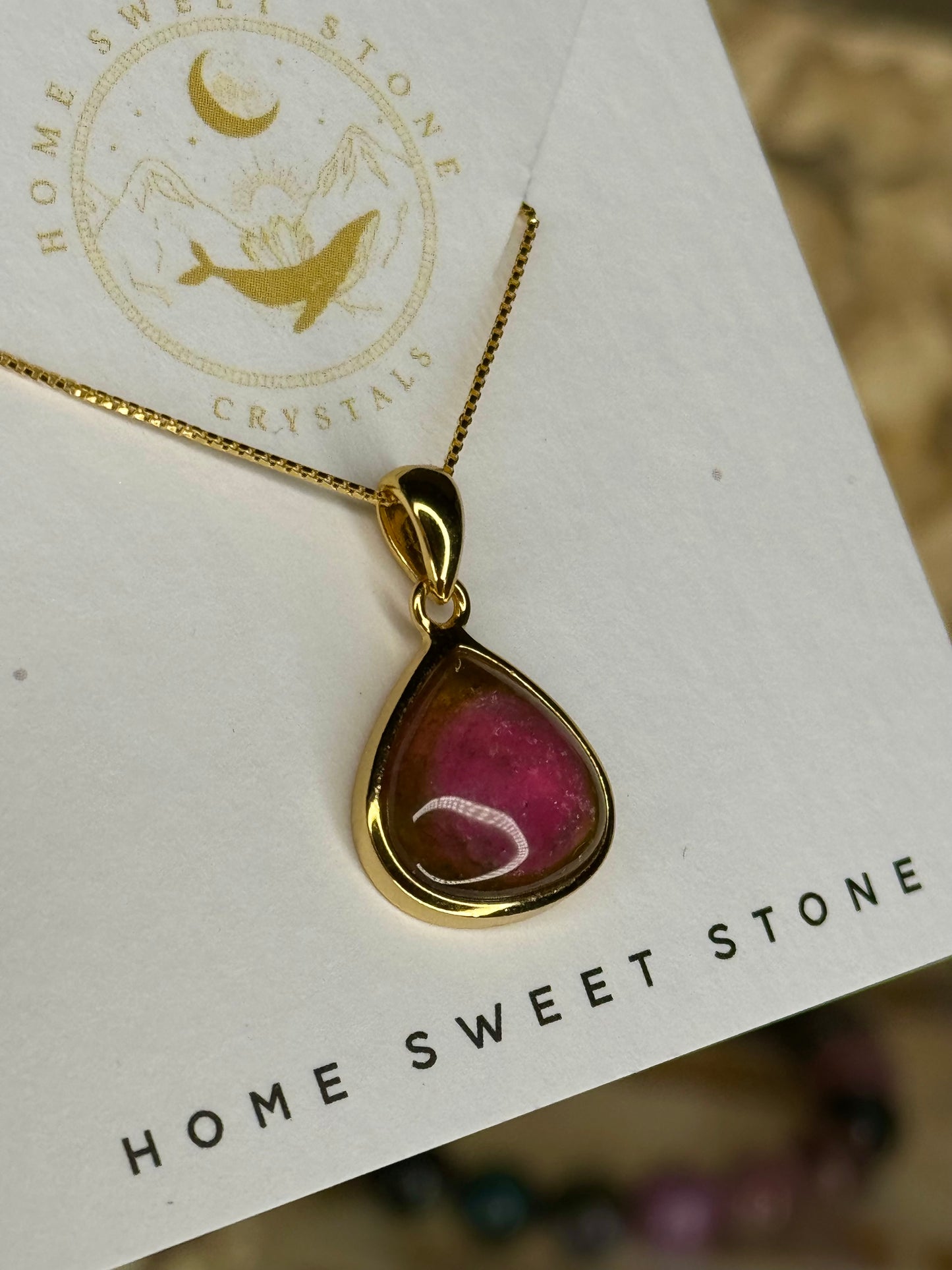 S925 18K Gold Plated Watermelon Tourmaline Pendant with Round Bead Crystal Bracelet - High Quality Jewellery Set