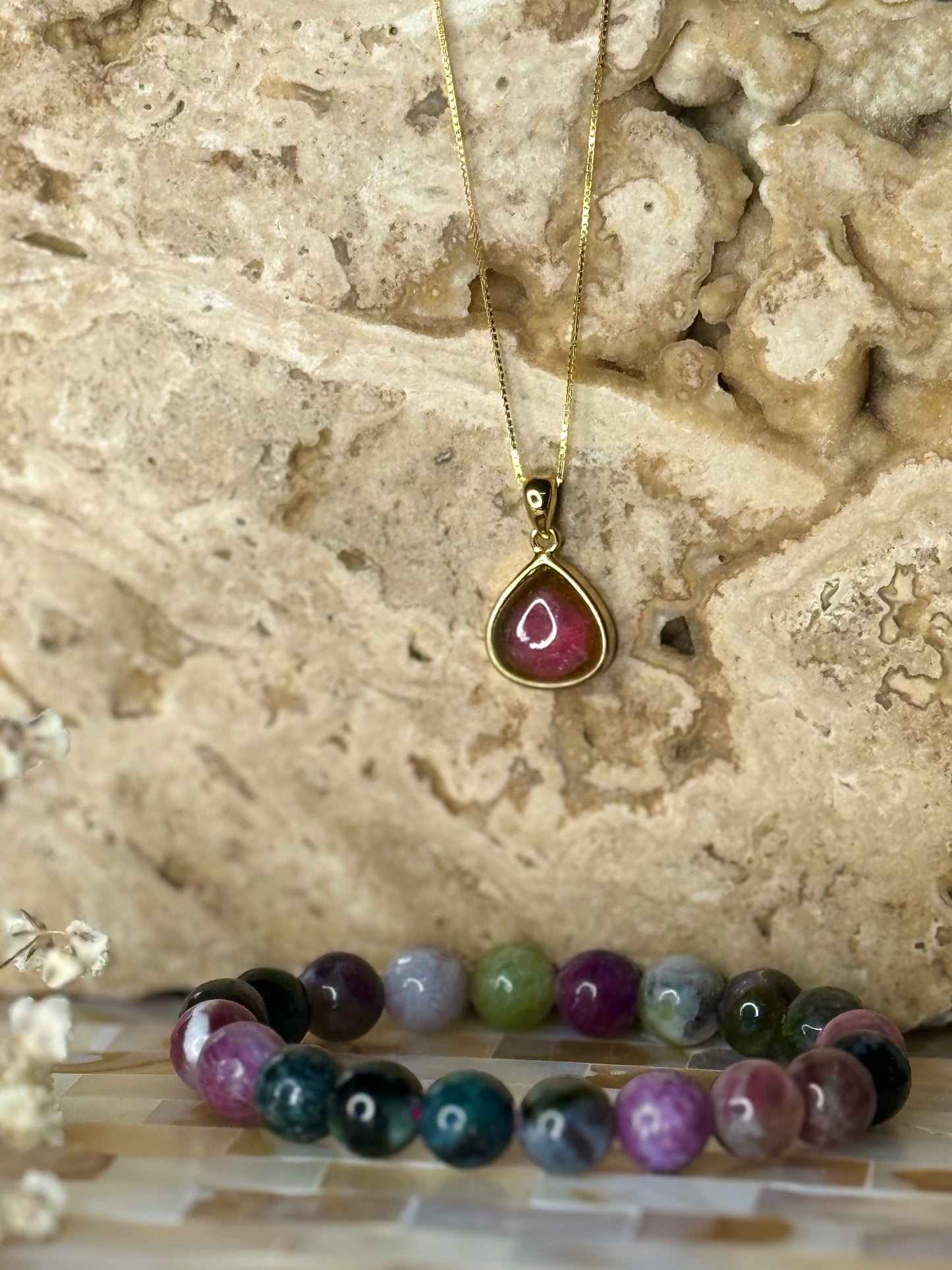 S925 18K Gold Plated Watermelon Tourmaline Pendant with Round Bead Crystal Bracelet - High Quality Jewellery Set