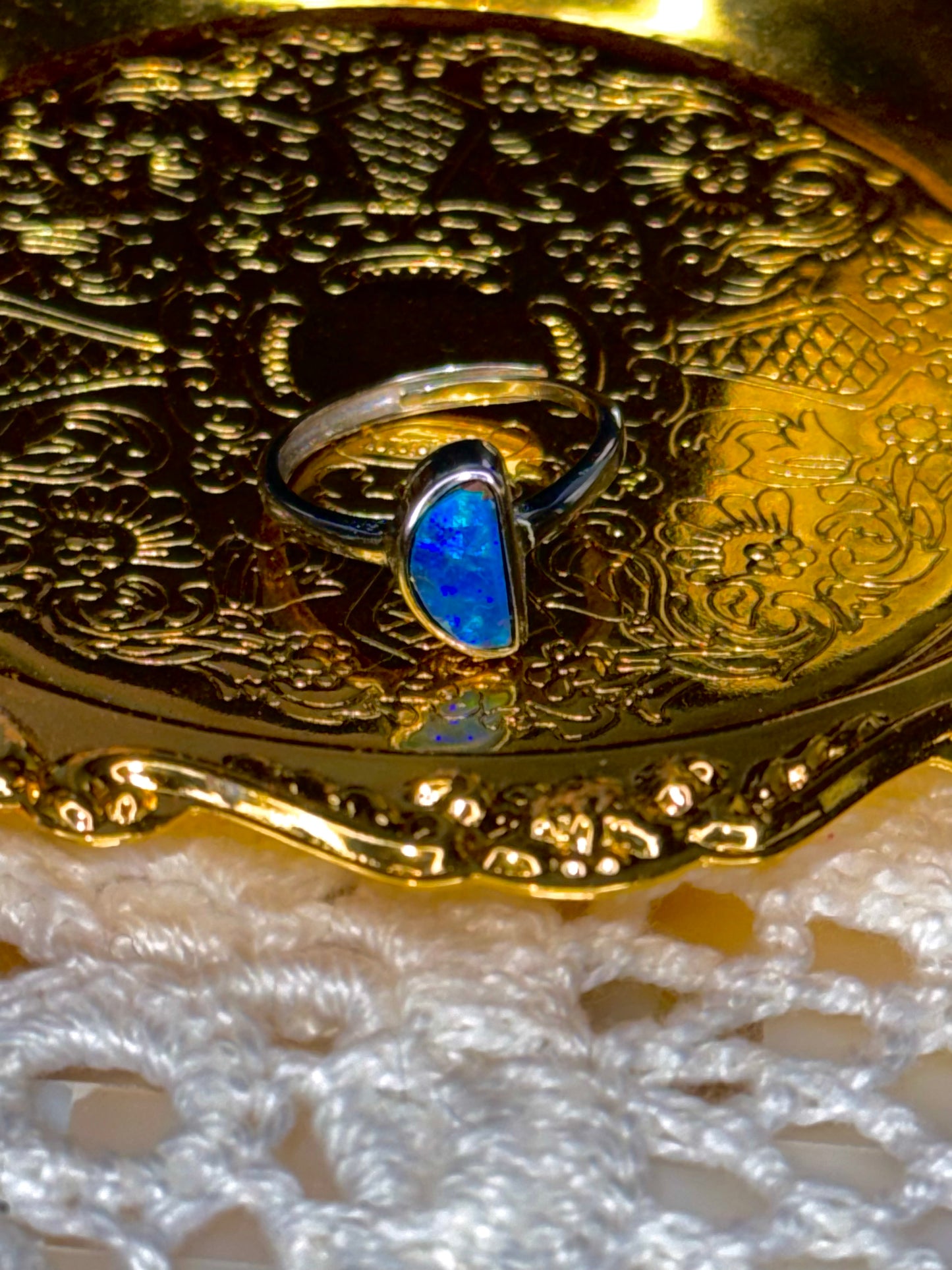 S925 Adjustable Australian Opal Moon Shaped Ring