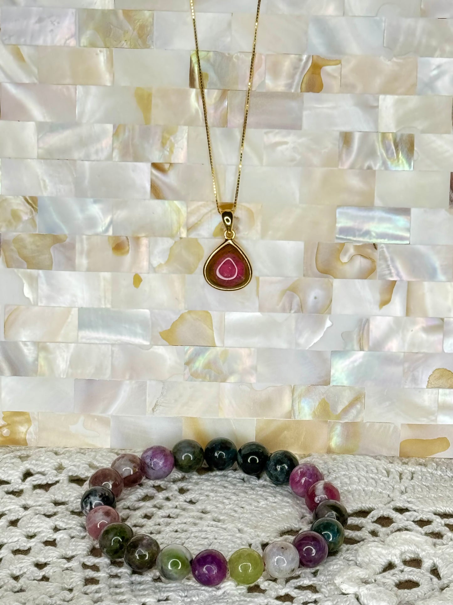 S925 18K Gold Plated Watermelon Tourmaline Pendant with Round Bead Crystal Bracelet - High Quality Jewellery Set