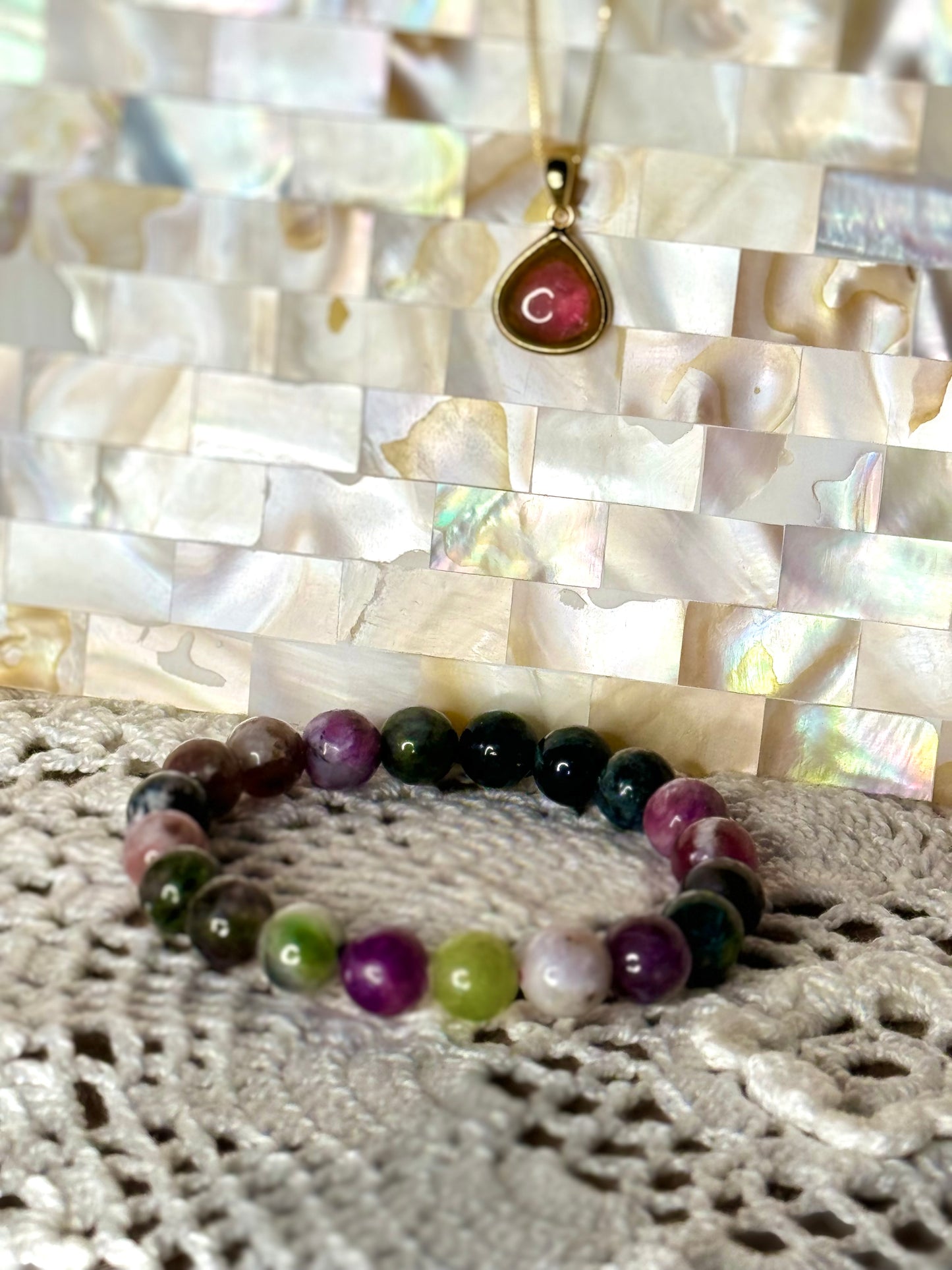 S925 18K Gold Plated Watermelon Tourmaline Pendant with Round Bead Crystal Bracelet - High Quality Jewellery Set