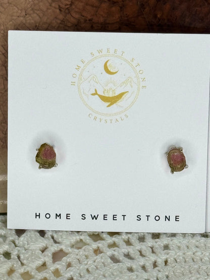Raw Watermelon Tourmaline Stud Earrings