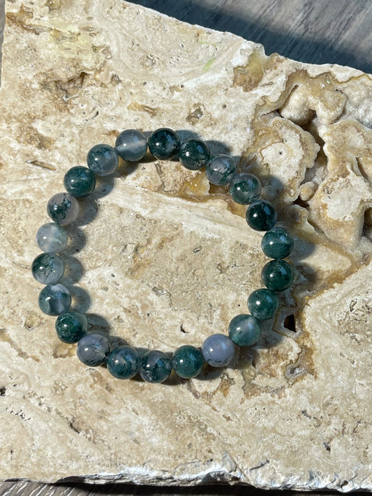 Moss Agate Round Bead Bracelet