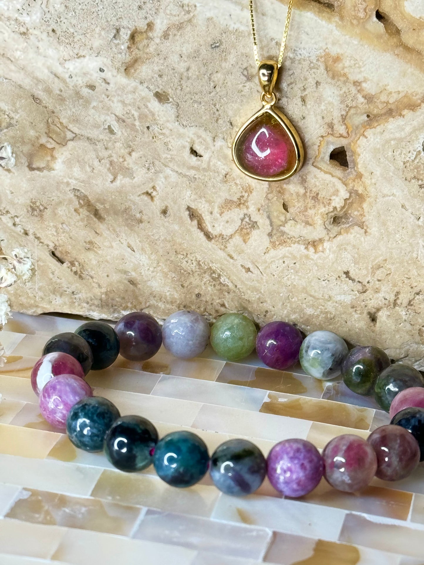 S925 18K Gold Plated Watermelon Tourmaline Pendant with Round Bead Crystal Bracelet - High Quality Jewellery Set