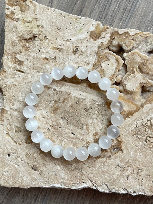 Selenite Round Bead Bracelet