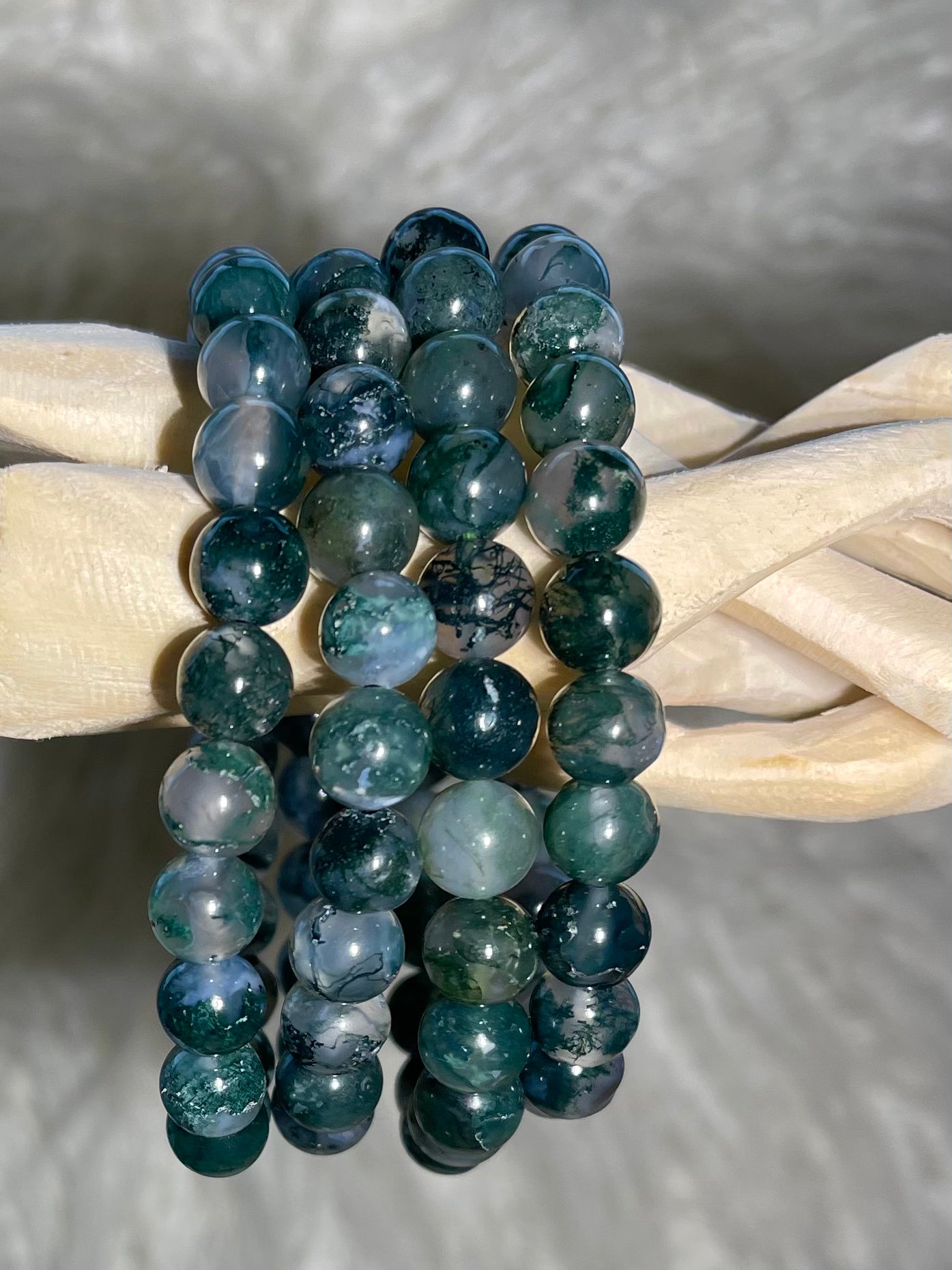 Moss Agate Round Bead Bracelet