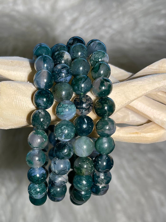 Moss Agate Round Bead Bracelet